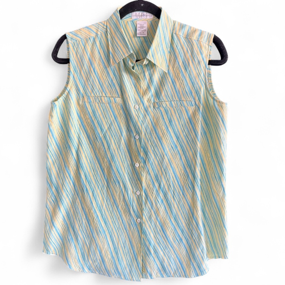 Cutter & Buck Pastel Blue and Yellow Striped Sleeveless Silk _& Linen Top